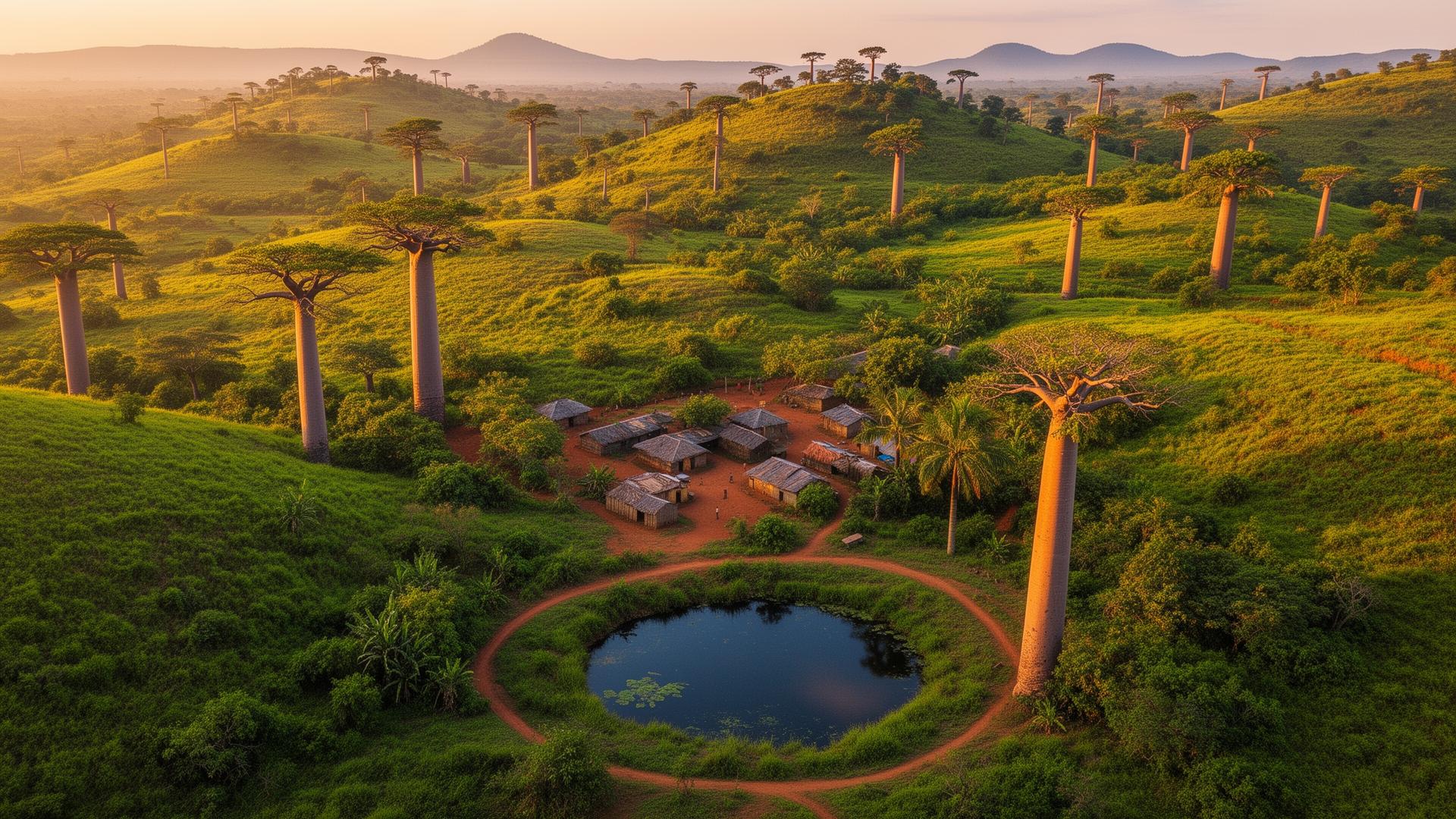 Paysage de Madagascar avec baobabs et village